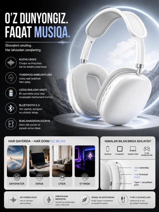 Беспроводные наушники Bluetooth P9 с микрофоном, полноразмерные - 