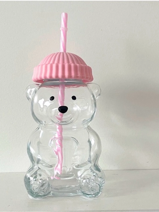 Bubble Tea va kokteyllar uchun ayiqcha stakan - qopqoqli va naychali shisha krujka