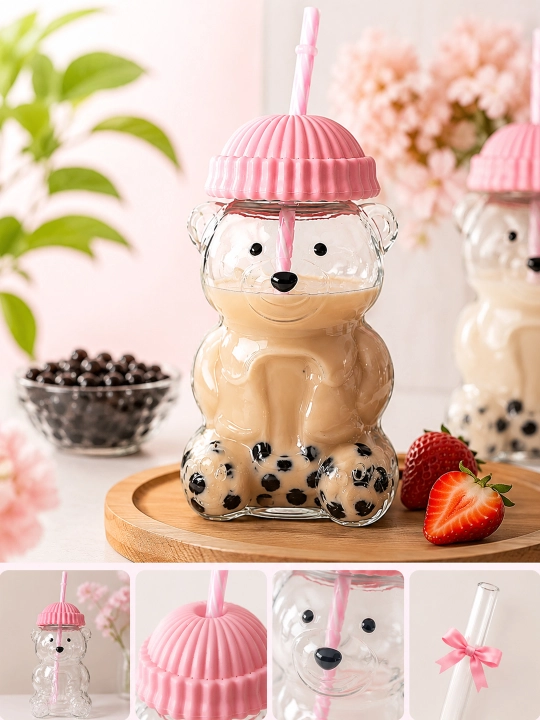 Bubble Tea va kokteyllar uchun ayiqcha stakan - qopqoqli va naychali shisha krujka