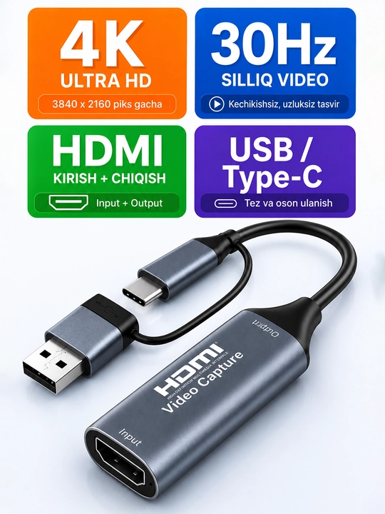 Карта видеозахвата 4K 30Hz - HDMI-USB/Type-C - 