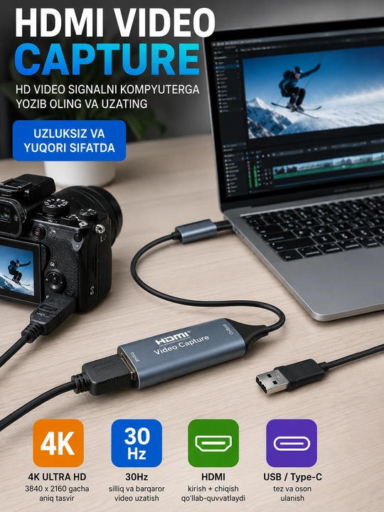 4K 30Hz video yozib olish kartasi - HDMI-USB/Type-C