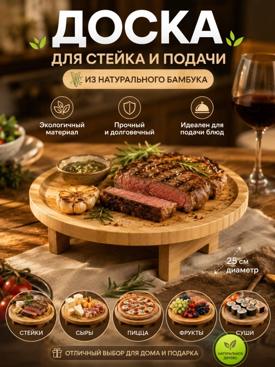 Круглая деревянная доска для подачи пиццы, стейка, сыра и сервировки - 