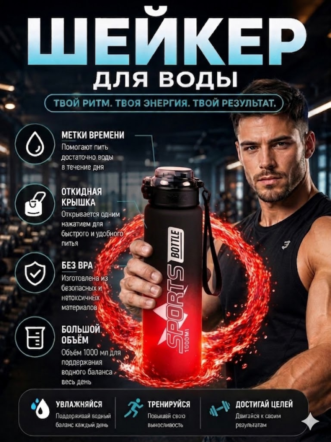 Suv idish, sheyker, fitnes uchun mo'ljallangan sport suv idishi, butilkalar,  1000 ml