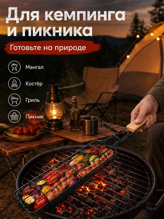 Gril va mangal uchun panjara-savat, sosiska, kolbasa va sabzavotlar uchun, uzun tutqichli