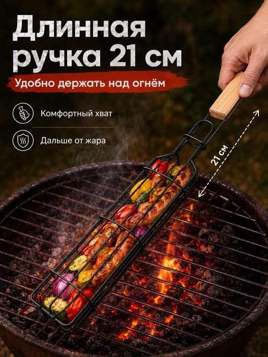 Gril va mangal uchun panjara-savat, sosiska, kolbasa va sabzavotlar uchun, uzun tutqichli