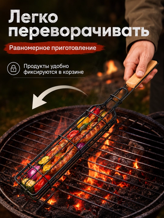 Gril va mangal uchun panjara-savat, sosiska, kolbasa va sabzavotlar uchun, uzun tutqichli