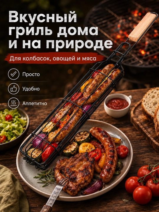 Gril va mangal uchun panjara-savat, sosiska, kolbasa va sabzavotlar uchun, uzun tutqichli
