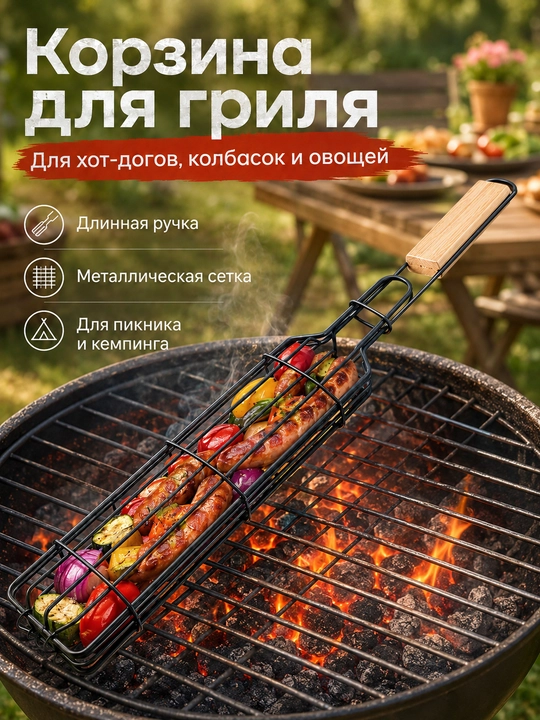 Gril va mangal uchun panjara-savat, sosiska, kolbasa va sabzavotlar uchun, uzun tutqichli - 