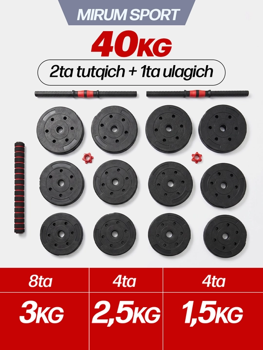 Uy uchun yig'ma sport anjomi: shtanga va gantel to'plami, 10 kg - 40 kg