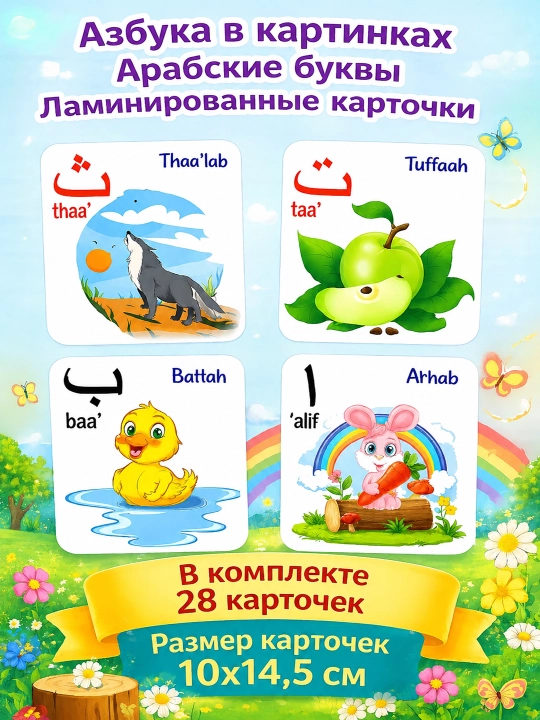 Азбука в картинках, Узбекские Арабские Русские и Английские буквы, ламинированные карточки - 