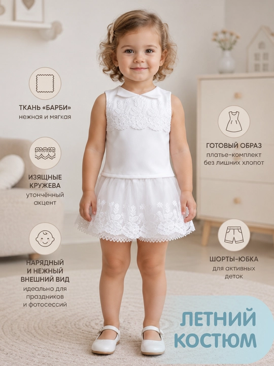 Летний комплект для девочки: кофточка с кружевом и юбка-шорты, 3–6 лет