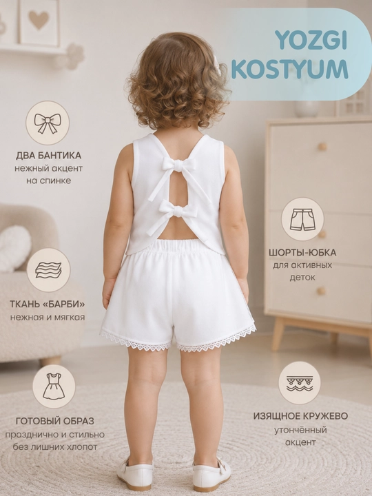 Летний комплект для девочки: кофточка с кружевом и юбка-шорты, 3–6 лет