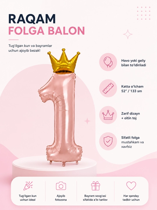Tojli raqamli folga shar, tugilgan kun uchun, pushti va havorang 1,2,3