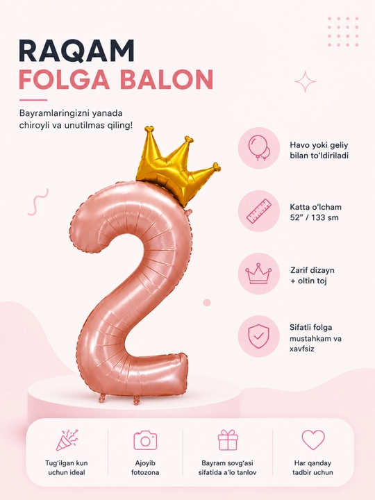 Tojli raqamli folga shar, tugilgan kun uchun, pushti va havorang 1,2,3