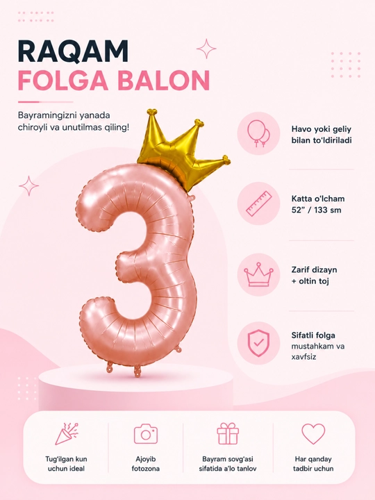 Tojli raqamli folga shar, tugilgan kun uchun, pushti va havorang 1,2,3