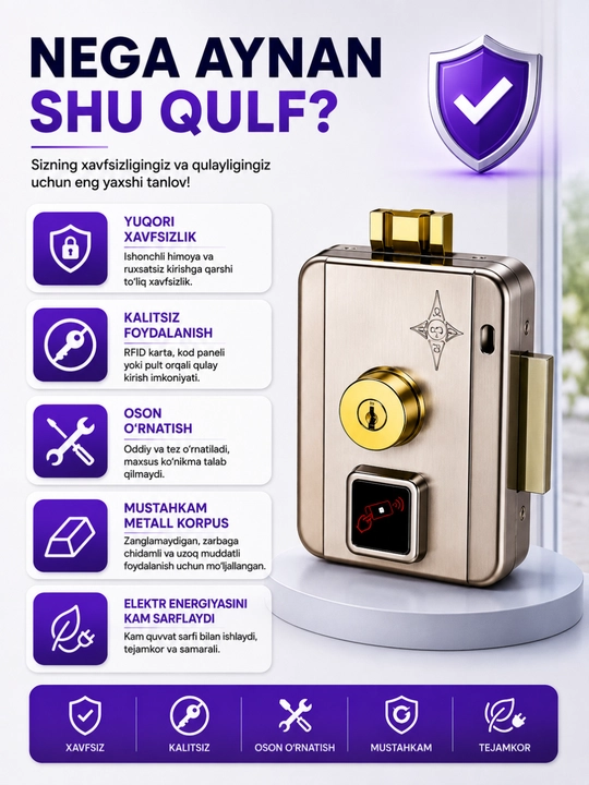 RFID kartali aqlli elektron eshik qulfi, kod paneli va kalit bilan, 12V