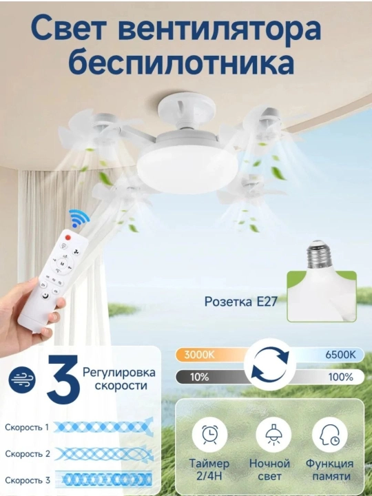 Люстра с вентилятором, светодиодная подсветка, пульт дистанционного управления,