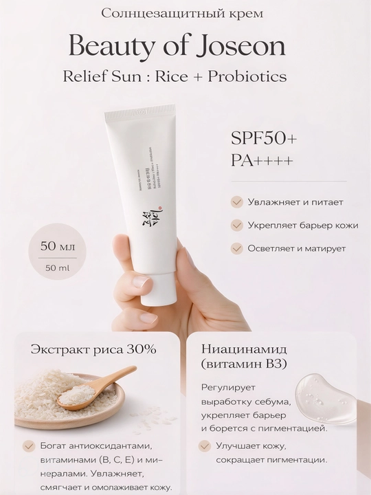 Солнцезащитный крем для лица Beauty of Joseon Relief Sun, увлажняющий SPF 50  - 