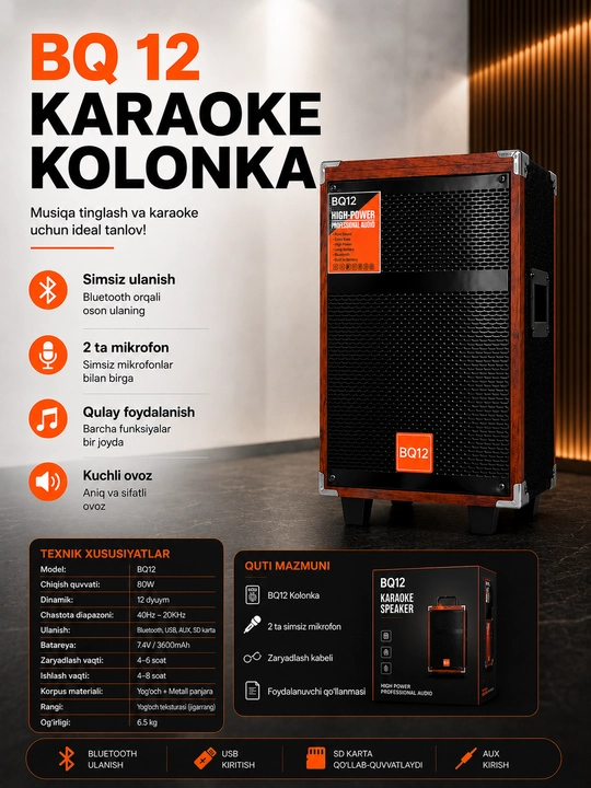 Karaoke kolonkasi BAAB B-Q8  BQ12, 2 ta simsiz mikrofon bilan - 