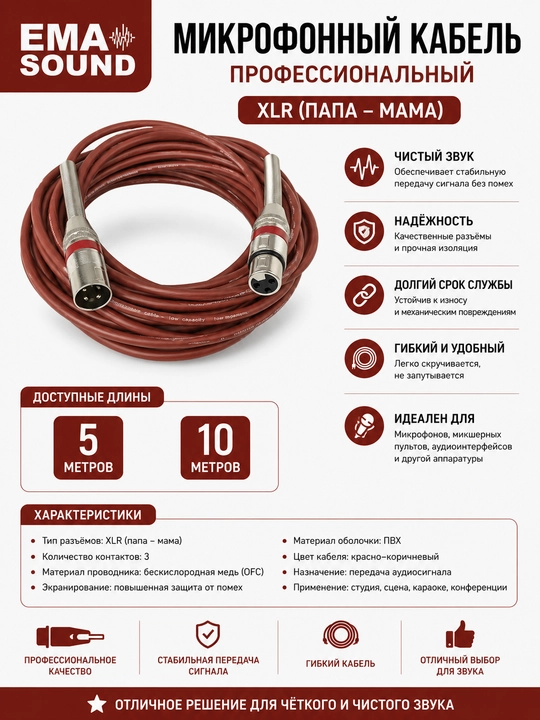 Кабель для микрофонов 5 метров, 10 метров, стерео
