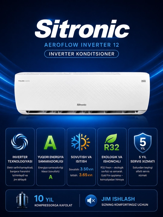 Konditsioner Sitronic 12 aeroflow, invertor + ten, 36 kv, Wi-Fi modul - 