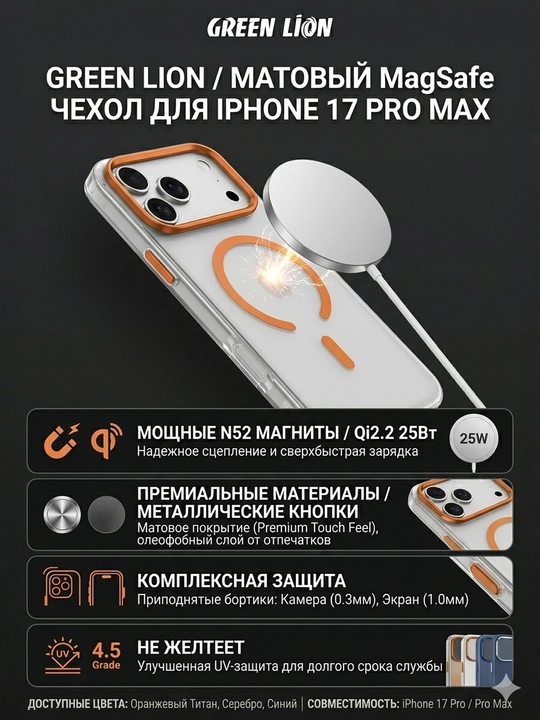 Чехол для iPhone 17 Pro матовый противоударный с MagSafe, защитный Green Lion Matte Case