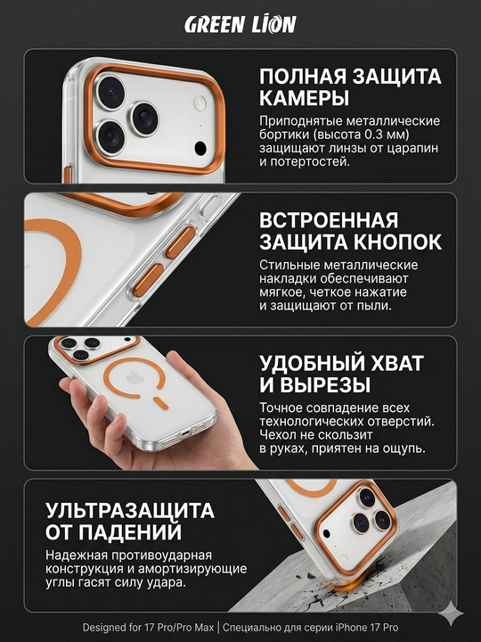 Чехол для iPhone 17 Pro матовый противоударный с MagSafe, защитный Green Lion Matte Case