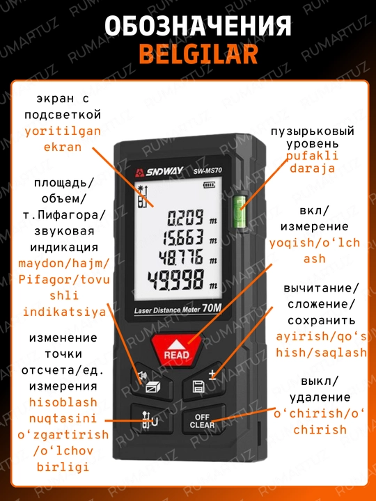 SNDWAY lazerli masofa o‘lchagich, 50/100 m gacha masofa, yashil nur, 50/70/100 qizil nur