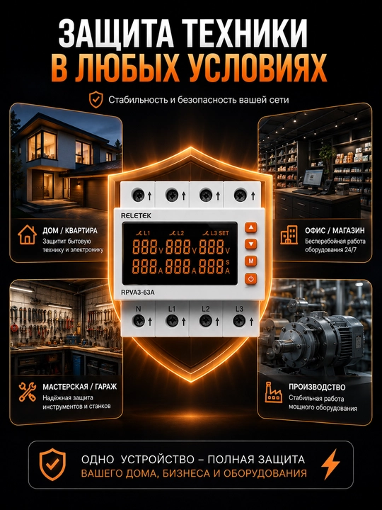 Kuchlanish va tok nazorat relesi RELETEK RPVA3‑63A, 63A, raqamli, DIN‑reyka