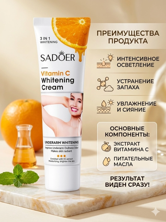 Отбеливающий крем для подмышек, зоны между ног, локтей, коленей и шеи.SADOER - 