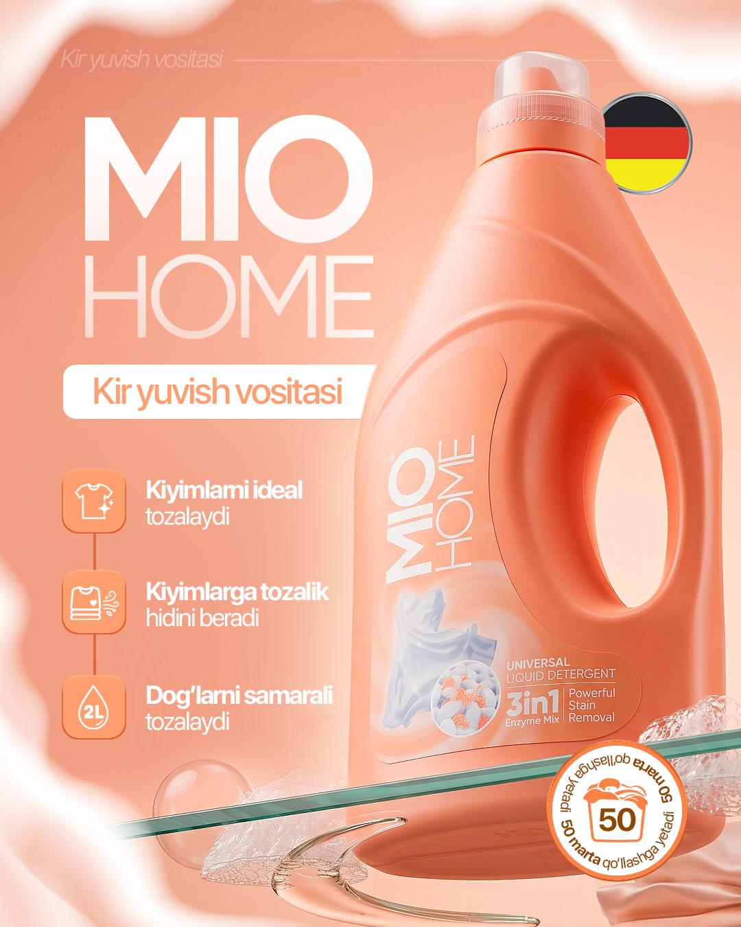 MIOHOME universal kir yuvish geli, avtomatik va qo‘lda yuvish uchun, 3 ta 1 da, 2 l - 