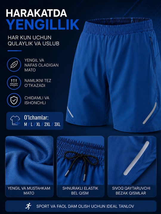 Erkaklar uchun sport shortik,yugurish va fitness,tez quruvchi mato,sport va kundalik uchun