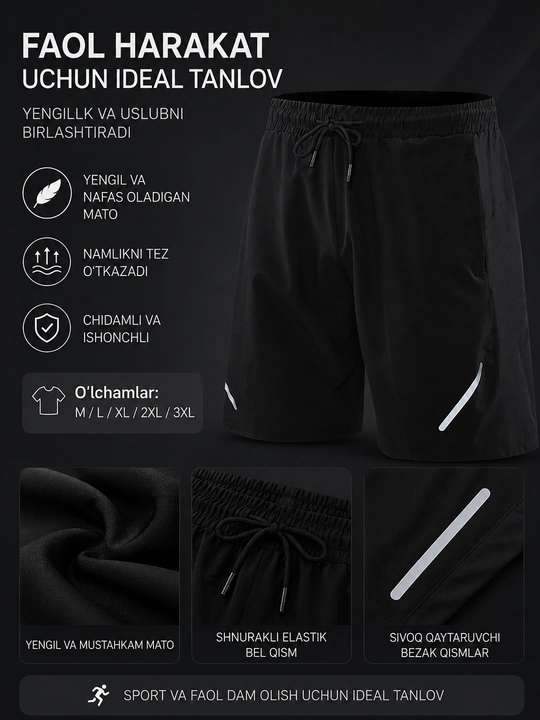 Erkaklar uchun sport shortik,yugurish va fitness,tez quruvchi mato,sport va kundalik uchun