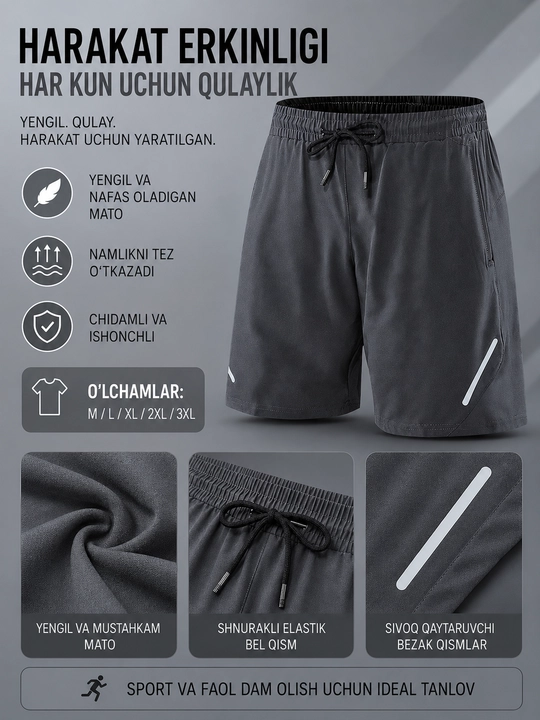 Erkaklar uchun sport shortik,yugurish va fitness,tez quruvchi mato,sport va kundalik uchun