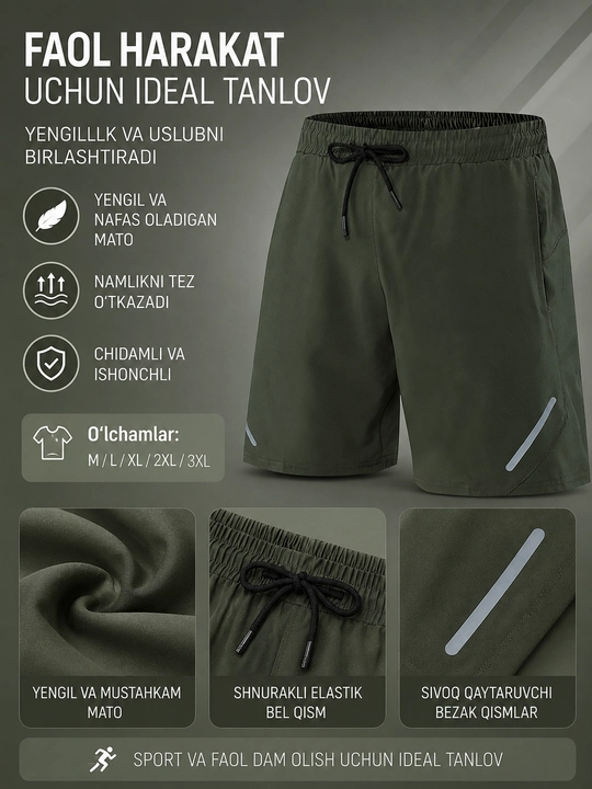 Erkaklar uchun sport shortik,yugurish va fitness,tez quruvchi mato,sport va kundalik uchun