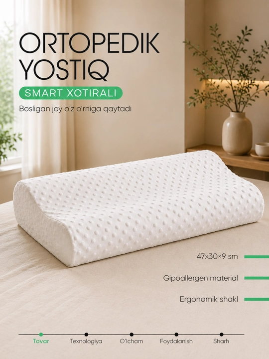Ortopedik uyqu yostigi Memory Foam, bo‘yin va umurtqa uchun, gipoallergen, anatomik shakl - 
