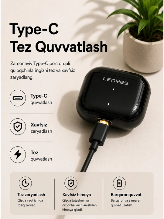 Lenyes Air 68 TWS simsiz quloqchin Bluetooth 5.4 mikrofonli Black