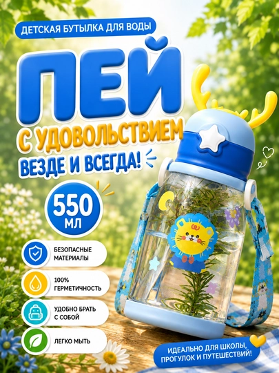 Детская бутылка для воды, бутылка для девочки, детская поилка, бутылка с ремешком — HOMELO-DETSKIYBUTILKA-СИНИЙ