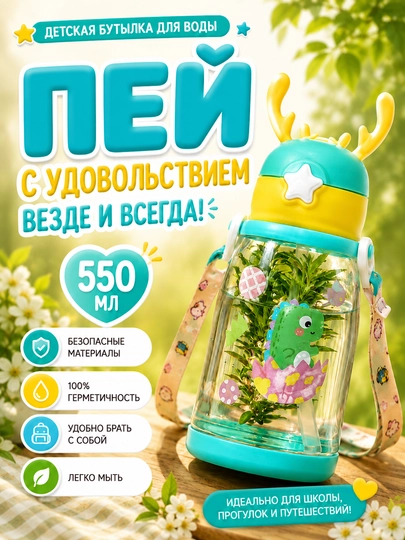Детская бутылка для воды, бутылка для девочки, детская поилка, бутылка с ремешком — HOMELO-DETSKIYBUTILKA-ЖЕЛТ