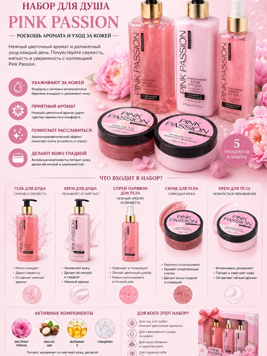 Pink Passion - набор для ухода за телом: гель для душа, крем, скраб, лосьон - 
