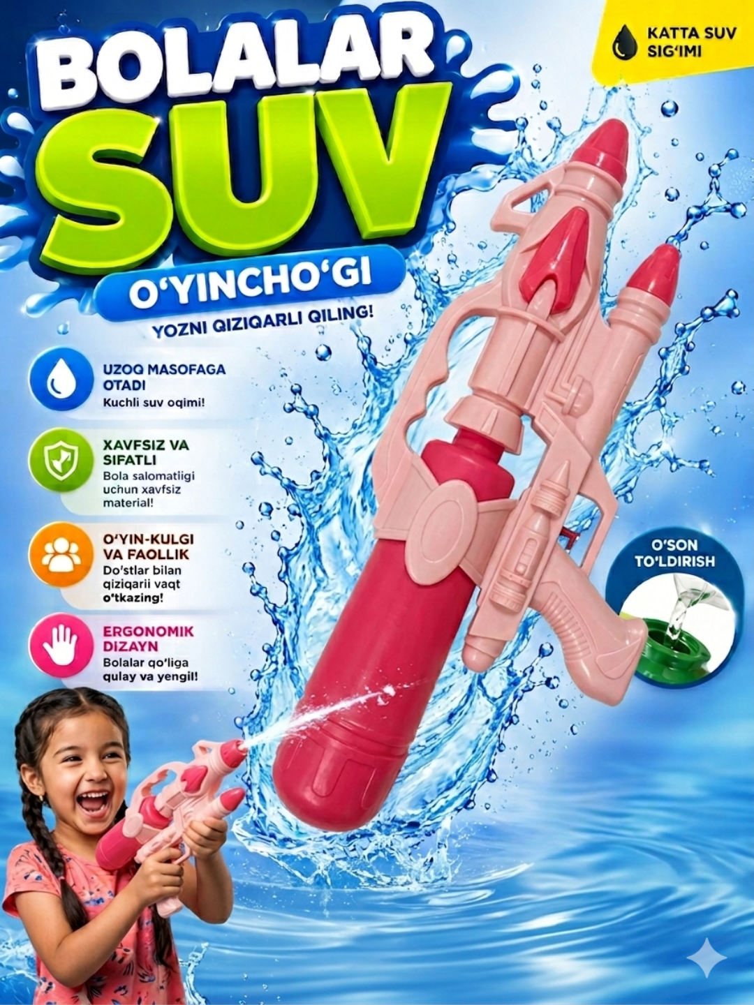 Suv sepadigan to'pponcha, o'yinchoq suv to'pponchasi, bolalar uchun suvli to'pponcha - 