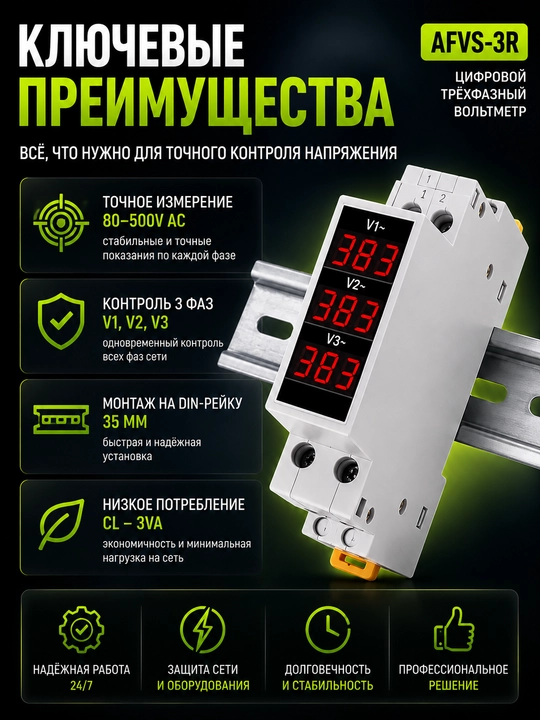 DIN-reyka uchun AFVS‐3R raqamli uch fazali voltmetr