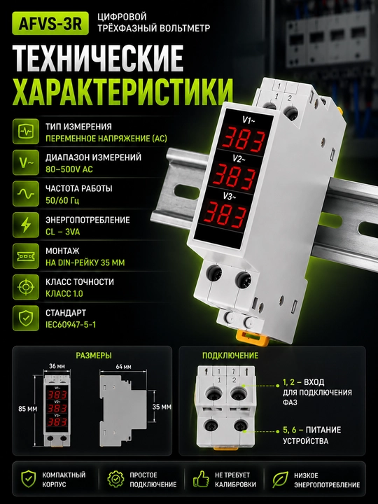 DIN-reyka uchun AFVS‐3R raqamli uch fazali voltmetr