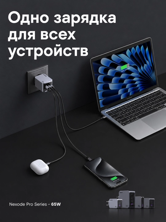 Сетевое зарядное устройство Ugreen Nexode Pro PD Gan X755 (25871) 65W 2x Type-C + 1x USB-A
