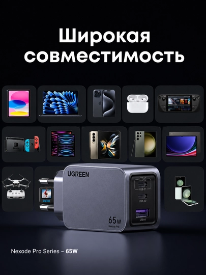 Сетевое зарядное устройство Ugreen Nexode Pro PD Gan X755 (25871) 65W 2x Type-C + 1x USB-A