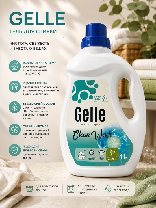 Автомат GELLE гель порошок для стирки, 1 л - 