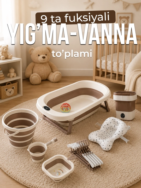 Chaqaloqlar uchun tepalik va cho‘michli yig‘ma vannacha, bolalarni cho‘miltirish uchun to‘plam - 