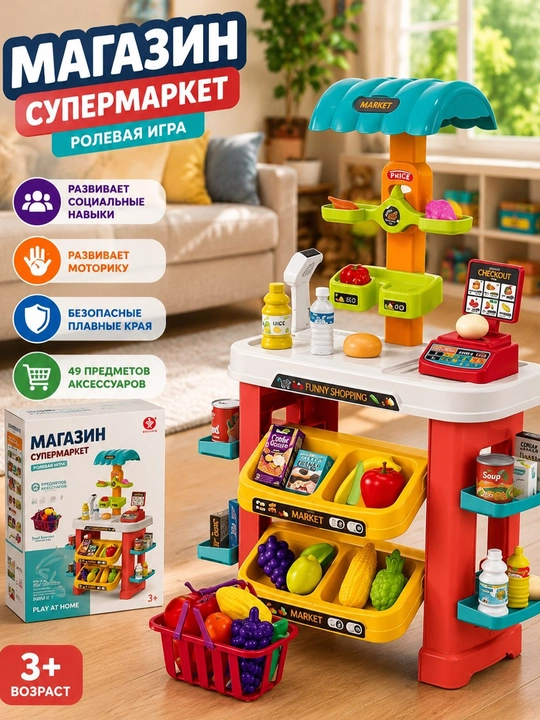 Supermarket, bolalar uchun o‘yin to‘plami, xarid savatchasi, bolalar aravachasi - 