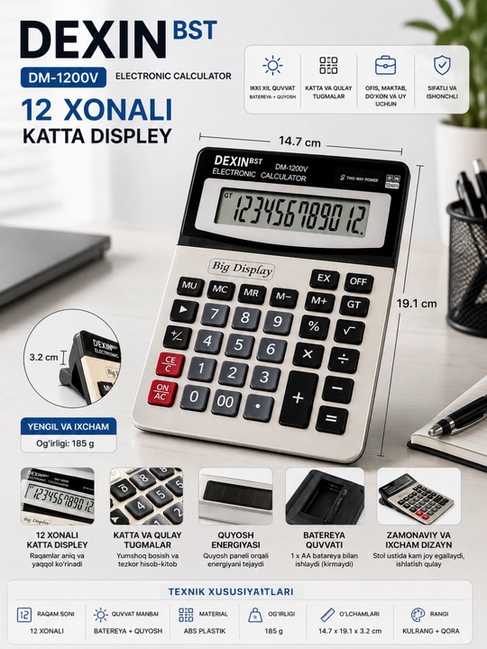 DEXINBST DM-1200V stol kalkulyatori, 12 razryadli