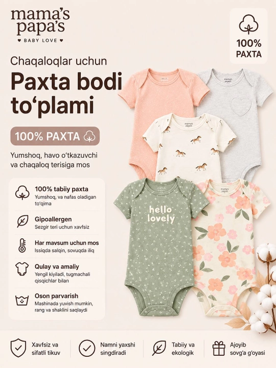 Комплект боди mama’s papa’s с коротким рукавом, 5 шт - 